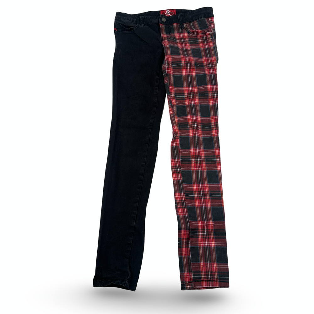 Royal Bones‎ Goth Emo Pants Women’s 7 Black Red Plaid Y2K Stretch Pockets Skinny
